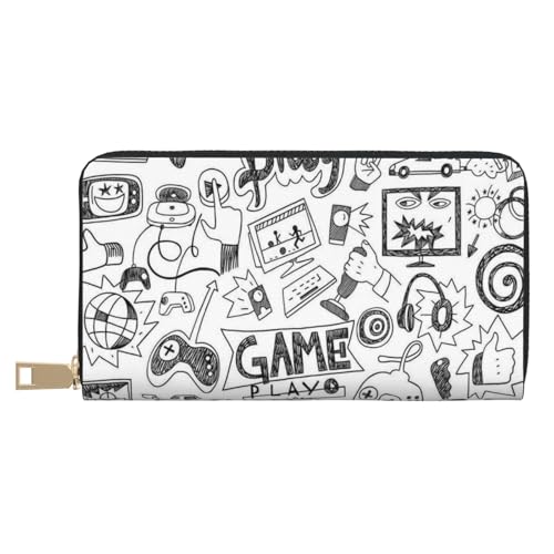 VYONNE Monochrome Skizzen-Stil Gaming Lange Kunstleder Clutch Chic Stilvolle Damengeldbörsen für moderne Frauen Große Kapazität Kartenhalter und Organizer-Taschen Langlebige Geldbörse Handtasche für von VYONNE