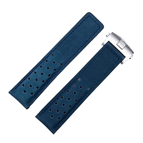 VYSLZ 20mm 22mm 24mm echtes mattiertes Lederarmband für TAG-Band für HEUER CARRERA AQUARACER Monaco F1 Uhrenarmband Armbandschnalle(Blue Silver Buckle,24mm) von VYSLZ