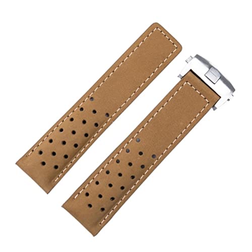 VYSLZ 20mm 22mm 24mm echtes mattiertes Lederarmband für TAG-Band für HEUER CARRERA AQUARACER Monaco F1 Uhrenarmband Armbandschnalle(Brown Silver Buckle,20mm) von VYSLZ