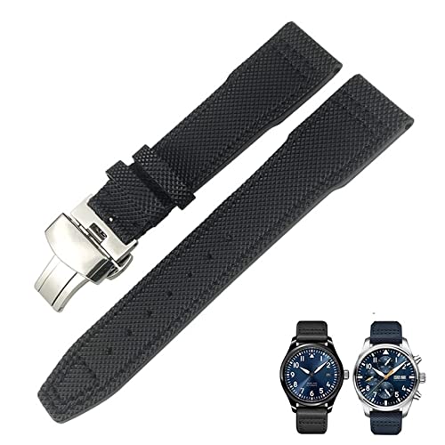 VYSLZ 21mm 20mm Nylon Kalbsleder Schwarz Blau Grün Uhrenarmband Passend für IWC IW377714 MARK18 PILOT STOP GUN Lederuhrenarmbänder(Black,21mm black clasp) von VYSLZ