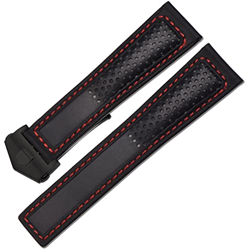 VYSLZ Echtes Leder -Uhrband für Markenhandgelenkband Stoma Atmungsaktives Kuhlederarmband mit Klappschnalle 22 mm(Black silver) von VYSLZ