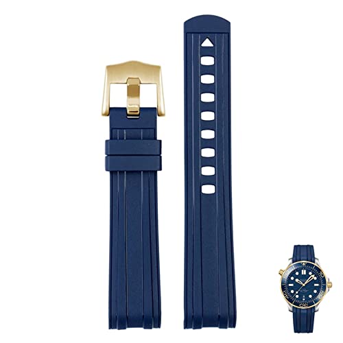 VYSLZ Für Omega Seamaster 300 Universe 007 gebogenes Ende Fluores Gummi Silikon Uhrenband 20mm 22m Uhr Weichgurt Männer Ersatz(Blue gold,20mm) von VYSLZ