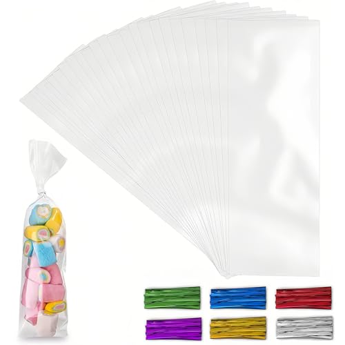 10x15cm Cellophantüten klar 100 Stück Süßigkeiten Tütchen Transparent Plastiktüten mit 100 Metallischen Bindebaender für Kindergeburtstag, Geschenke Giveway Bäckerei Snacks Keks von VYZUTR