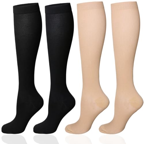 Kompressionsstrümpfe Damen und Herren, 2 Paare Kompressionssocken Medizinisch Kompressionsstrümpfe Kniestrümpfe Damen, Thrombosestrümpfe Compression Socks (L/XL, Schwarz+Beige) von VYZUTR
