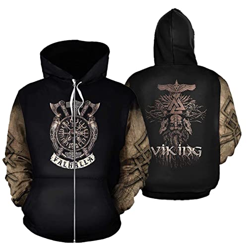 3D All Over Tattoo Druck Wikinger Hoodies, Odin Rabe Walhalla Grafik Mode Kapuzenpullis mit Reißverschluss Jacke für Männer Frauen,Black Zip,7XL von VZXATYOP