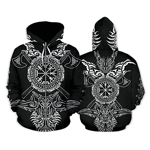 3D All Over Tattoo Druck Wikinger Hoodies, Odin Rabe Walhalla Grafik Mode Kapuzenpullis mit Reißverschluss Jacke für Männer Frauen,Black zip2,M von VZXATYOP