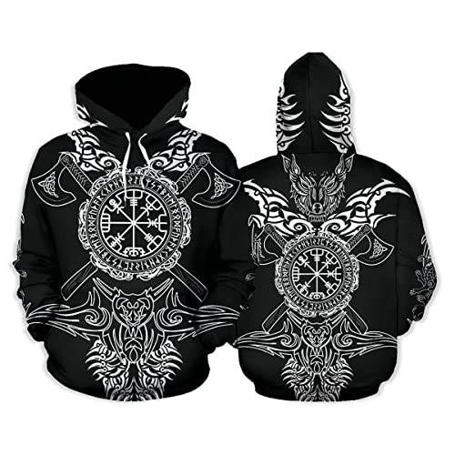 3D All Over Tattoo Druck Wikinger Hoodies, Odin Rabe Walhalla Grafik Mode Kapuzenpullis mit Reißverschluss Jacke für Männer Frauen,Black2,6XL von VZXATYOP