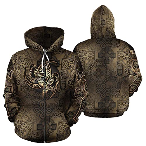 3D All Over Tattoo Druck Wikinger Hoodies, Odin Rabe Walhalla Grafik Mode Kapuzenpullis mit Reißverschluss Jacke für Männer Frauen,Brown Zip,6XL von VZXATYOP