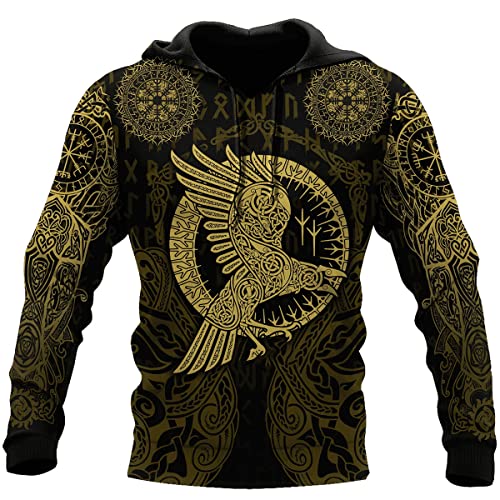 VZXATYOP Herren Hoodies, Volle Größe Mode Wikinger Kapuzen Sweatshirt, 3D All Over Print Odin Raven Grafik Hoodies Pullover,Black 4,4XL von VZXATYOP