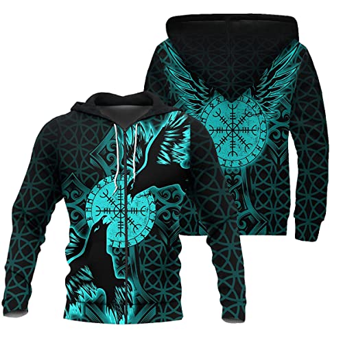 VZXATYOP Wikinger Langarmshirt Zip Up Kapuzenpullis, 3D Norse Odin Raven Grafik Sweatshirt, Wintermode Kapuzenpullover Jacke für Männer,Zip Hoodies,3XL von VZXATYOP