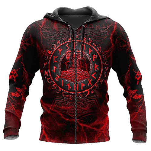 VZXATYOP Wikinger Zip Up Kapuzenpullover für Männer, 3D Tattoo Gedruckt Thor's Hammer Grafik Sweatshirt, Mode Langärmelig Pullover Kapuzenpullover,Zip Hoodie 1,6XL von VZXATYOP