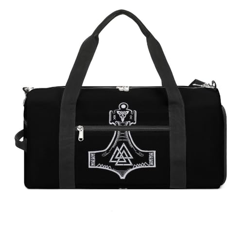 Wikinger Fenrir Wolf Sporttasche für Männer Frauen Schwimmen Workout, Schwarze Fitnesstasche mit Nassfach und Schuhfach, Thors Hammer Leicht Wasserdicht Reisetasche (Color : A14) von VZXATYOP