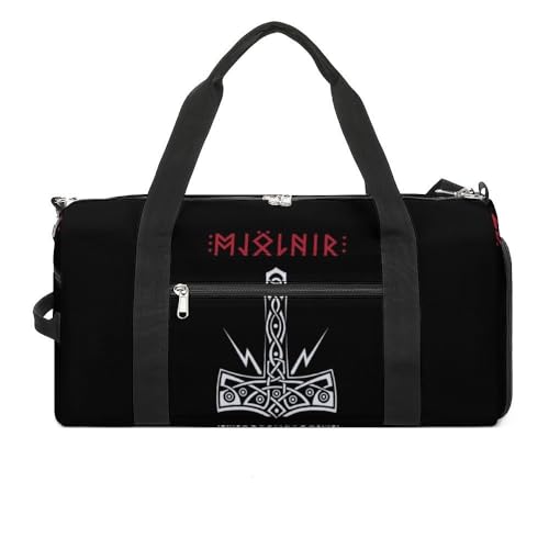 Wikinger Fenrir Wolf Sporttasche für Männer Frauen Schwimmen Workout, Schwarze Fitnesstasche mit Nassfach und Schuhfach, Thors Hammer Leicht Wasserdicht Reisetasche (Color : A17) von VZXATYOP