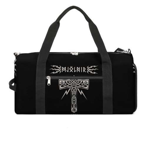 Wikinger Fenrir Wolf Sporttasche für Männer Frauen Schwimmen Workout, Schwarze Fitnesstasche mit Nassfach und Schuhfach, Thors Hammer Leicht Wasserdicht Reisetasche (Color : A18) von VZXATYOP