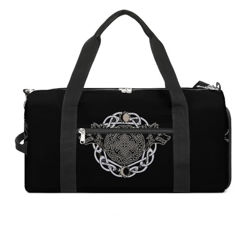 Wikinger Fenrir Wolf Sporttasche für Männer Frauen Schwimmen Workout, Schwarze Fitnesstasche mit Nassfach und Schuhfach, Thors Hammer Leicht Wasserdicht Reisetasche (Color : A4) von VZXATYOP