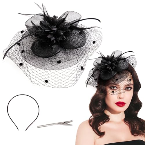 VZXQX Fascinator Hut, Vintage Fascinator Damen Schwarz Hut mit Schleier Federn Blumen Mesh Stirnband Clip, Braut Kopfschmuck Hochzeit Cocktail Haarreif Fasching Karneval Teeparty Kirche Haarschmuck von VZXQX