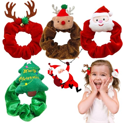 VZXQX Weihnachten Haargummis Samt, 4 Stück Haar Scrunchies Haargummi Damen Mädchen Kinder Weihnachten Elastische Haarbänder, Santa Rentier Weihnachtsbaum Weihnachts Haarschmuck Weiche (Rot Grün Braun) von VZXQX