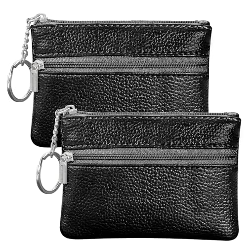 VZZNN 2 Stück Kleine Damen Leder Mini Geldbörse, PU Münzbeutel mit Schlüsselanhänger (Schwarz+Schwarz) von VZZNN
