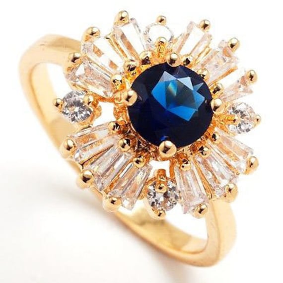 24K Gold Blauer Glasur Zirkonia Statement Ring Größe 8, Ring, Braut, Verlobung, Cocktail von VaLaReseBoutique