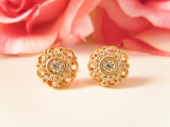 Gold Blumen Strass Ohrringe, Vintage Knopf Ohrstecker, Brautjungfern Zierliche Zierlichen Schmuck von VaLaReseBoutique