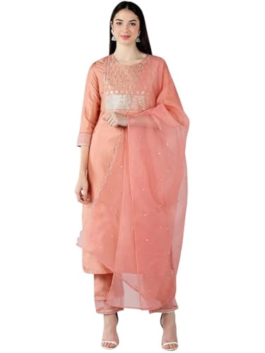 Vaamsi Damen Kurta-Hose aus Seidenmischung mit Pailletten und Passepartout, gerader Schnitt mit Dupatta, Orange, S von Vaamsi