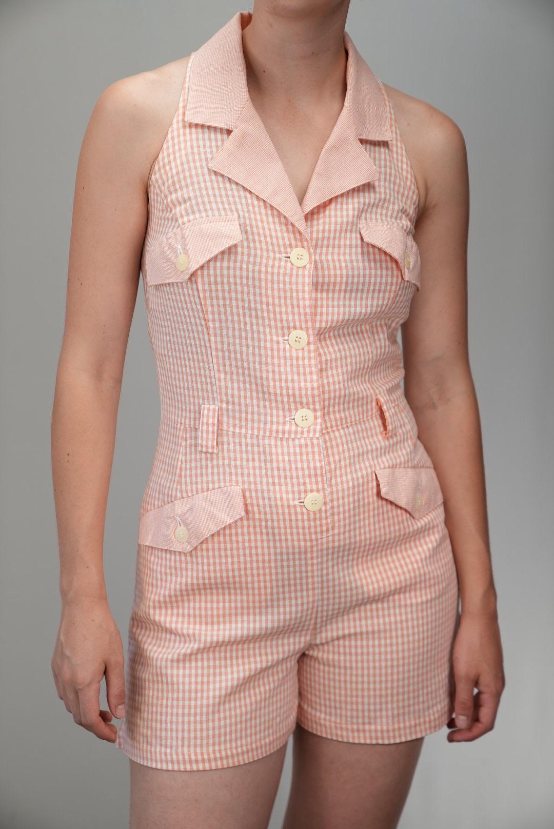 90Er Jahre Pfirsich Vichykaro Playsuit | Hergestellt in Deutschland Vintage Sommer-strampler Grösse S von Vabrix