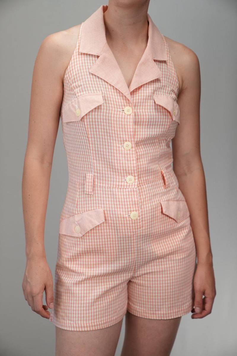 90Er Jahre Pfirsich Vichykaro Playsuit | Hergestellt in Deutschland Vintage Sommer-strampler Grösse S von Vabrix