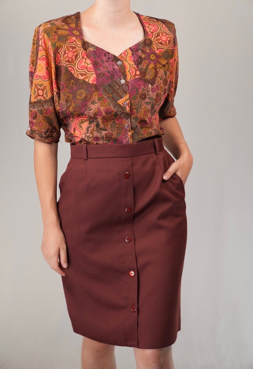 Burgunderfarbener Vintage Bleistiftrock | Damen Midi-Rock Aus Wolle 80Er 90Er Jahre C&a von Vabrix