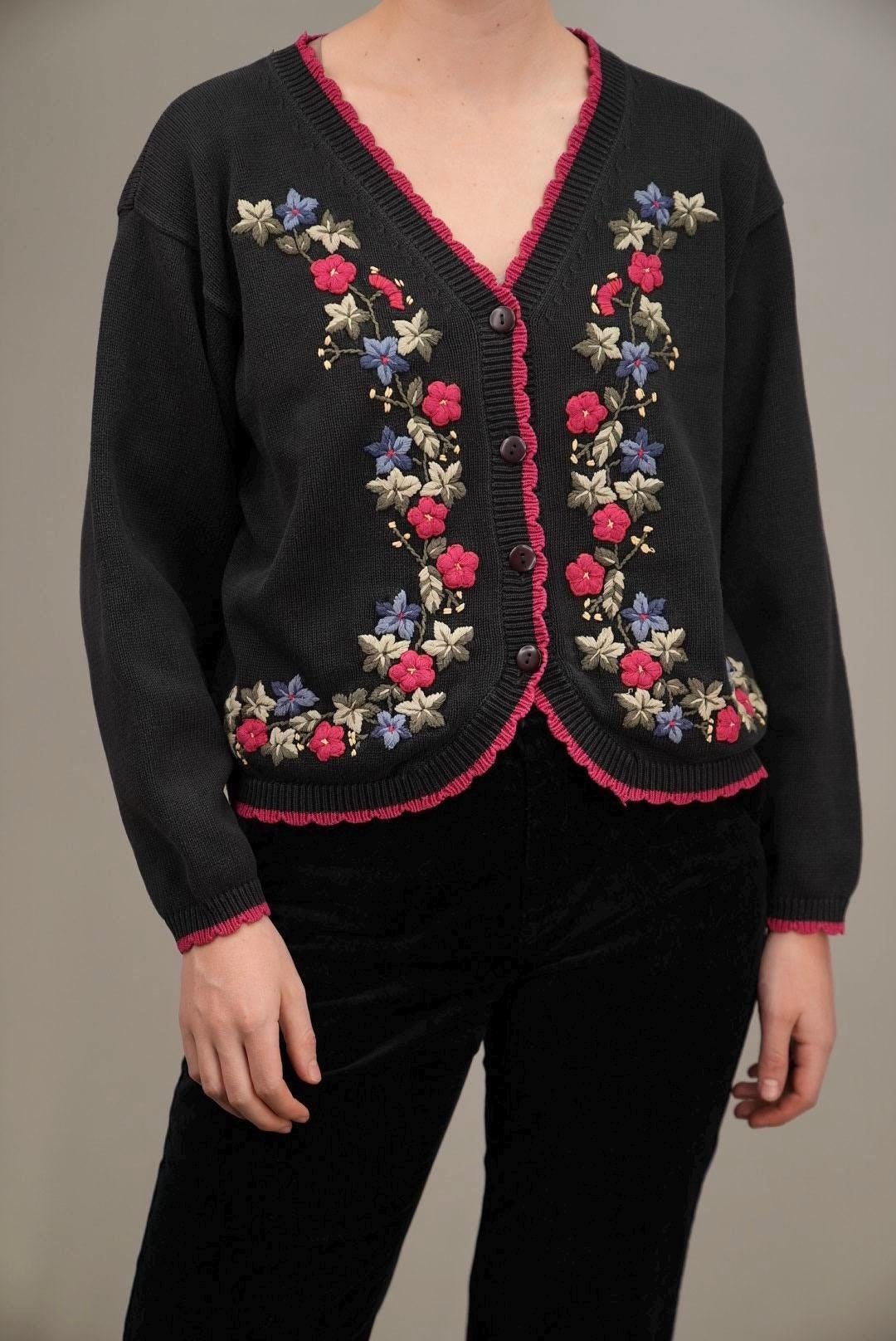 Floral Bestickter Vintage Cardigan in Schwarz Und Rot | Größe L Baumwoll-strickjacke, 1980Er Jahre von Vabrix