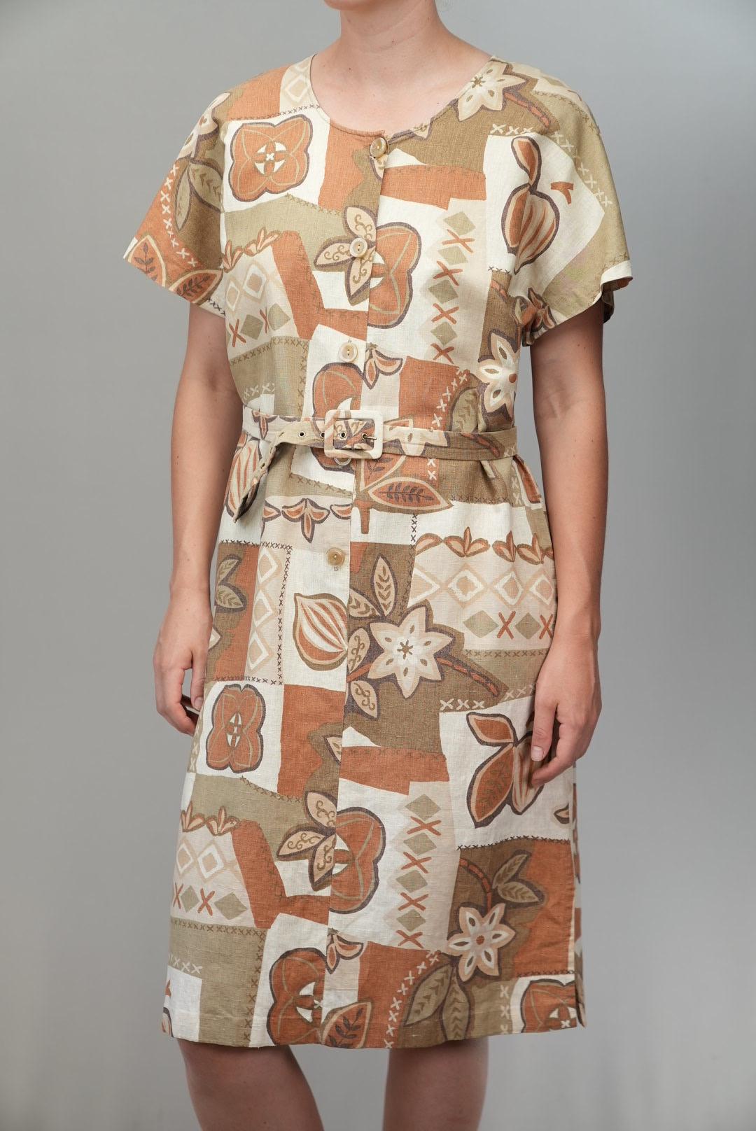 Vintage Kleid Aus Natürlicher Baumwolle | Erdiger Patchwork Druck Mit Gürtel L 80Er Jahre Leichtes Sommerkleid von Vabrix