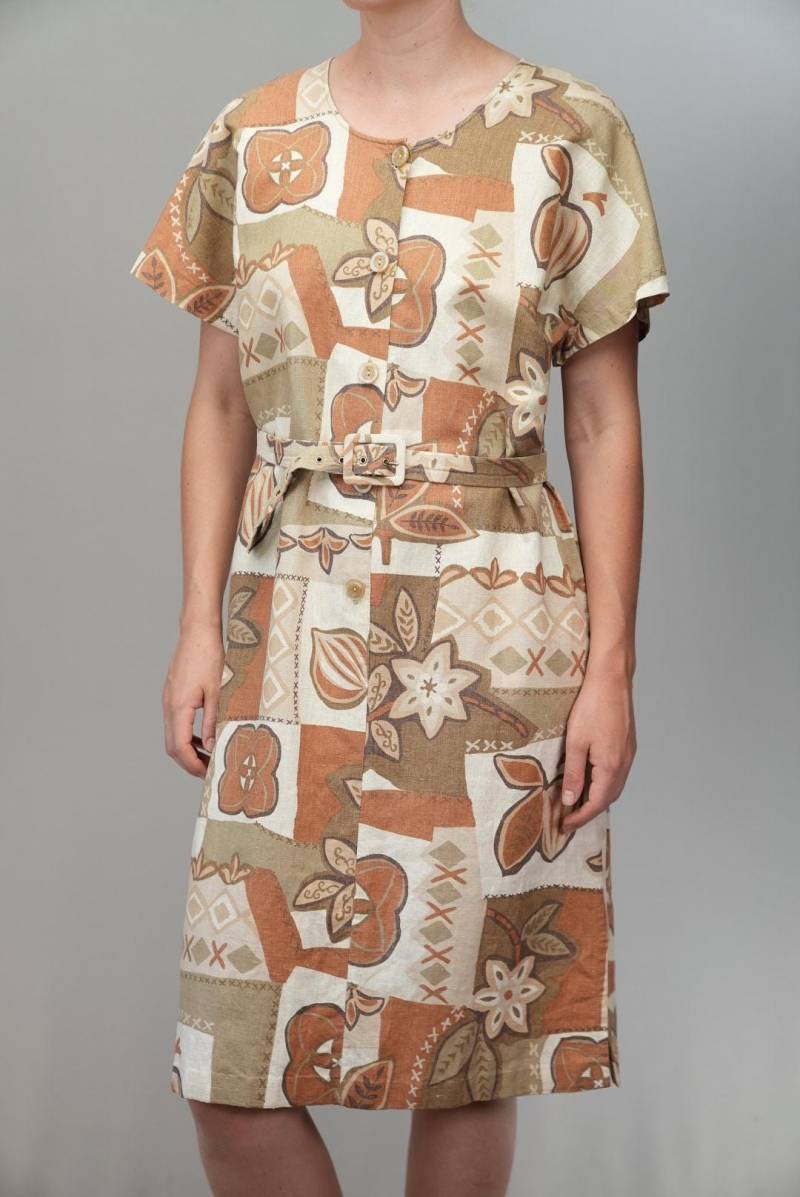 Vintage Kleid Aus Natürlicher Baumwolle | Erdiger Patchwork Druck Mit Gürtel L 80Er Jahre Leichtes Sommerkleid von Vabrix