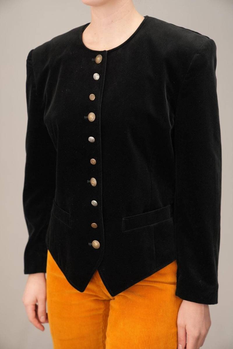 Vintage Schwarzer Samt Blazer Mit Münzknopf Details | Von Betty Barclay, 90Er Jahre Größe M Reine Baumwolle von Vabrix