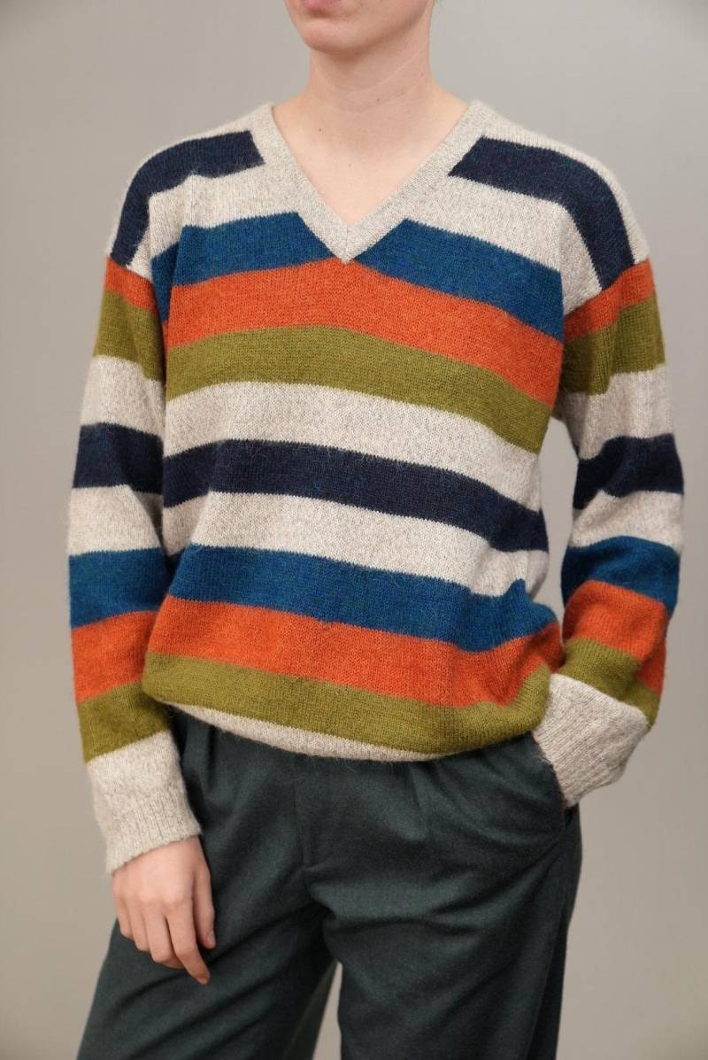 Weicher Baby Alpaka Vintage Pullover Mit Bunten Streifen | Hergestellt in Peru, 90Er Jahre Größe L Unisex High-End Wollpullover von Vabrix