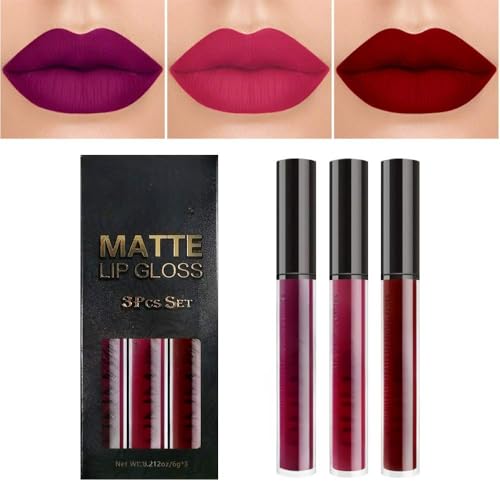 ausurme 3Pcs Dark Purple Red Rose pink Matte Liquid Lipstick Set,Liquid Lipstick with lasting matte finish,Lipstick Makeup Set for a flawless,waterproof,long-lasting matte lip color experience(Set01) von Vabrloy