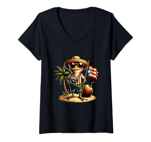 Damen Vacation Coqui Frog Puerto Rico Flagge Kamera Beach Palm T-Shirt mit V-Ausschnitt Damen Vacation Coqui Frog Puerto Rico Flagge Kamera Beach Palm T-Shirt mit V-Ausschnitt von Vacation Coqui Frog Puerto Rico Flag Camera