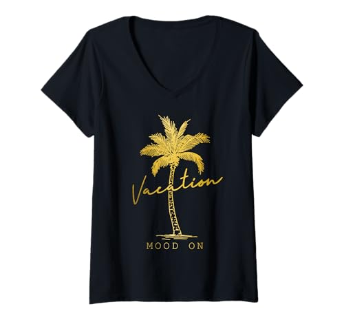 Damen Urlaubsstimmung am Palm Tree Beach Summer Surfer T-Shirt mit V-Ausschnitt von Vacation Mood On