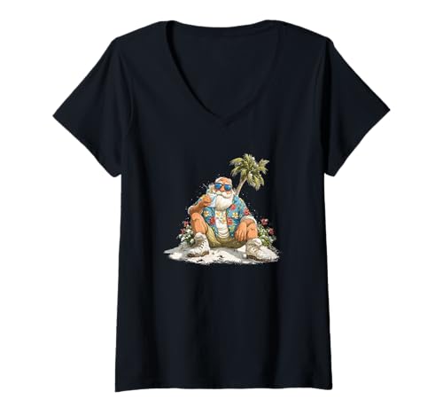 Damen Lässiger Weihnachtsmann für Strand Weihnachten mit Cocktails T-Shirt mit V-Ausschnitt Damen Lässiger Weihnachtsmann für Strand Weihnachten mit Cocktails T-Shirt mit V-Ausschnitt von Vacation Santa Outfit