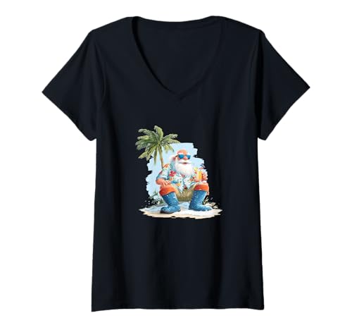 Damen Lustige Palme mit Urlaub Weihnachtsmann Kostüm für Festliche Zeit T-Shirt mit V-Ausschnitt Damen Lustige Palme mit Urlaub Weihnachtsmann Kostüm für Festliche Zeit T-Shirt mit V-Ausschnitt von Vacation Santa Outfit