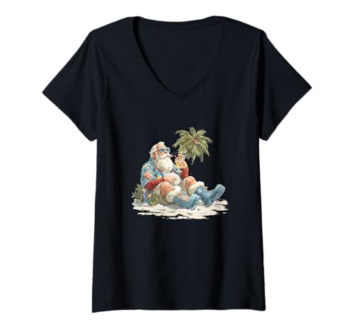 Damen Palmen Santa Kostüm für Strand und Weihnachten T-Shirt mit V-Ausschnitt Damen Palmen Santa Kostüm für Strand und Weihnachten T-Shirt mit V-Ausschnitt von Vacation Santa Outfit