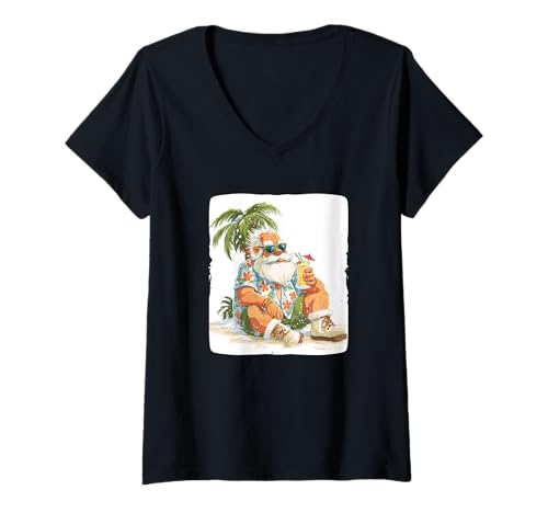 Damen Weihnachtsmann mit kräftigen Farbtönen und Urlaubscocktail T-Shirt mit V-Ausschnitt Damen Weihnachtsmann mit kräftigen Farbtönen und Urlaubscocktail T-Shirt mit V-Ausschnitt von Vacation Santa Outfit
