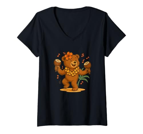Damen Lustiger Urlaubstanz im Hawaii-Stil für Teddy-Liebhaber T-Shirt mit V-Ausschnitt von Vacation Teddy Bear