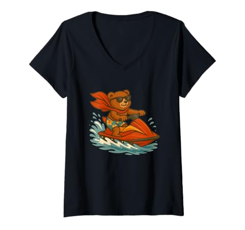 Damen Lustiges Jetski-Teddybär-Kostüm für Erwachsene und Kinder T-Shirt mit V-Ausschnitt von Vacation Teddy Bear