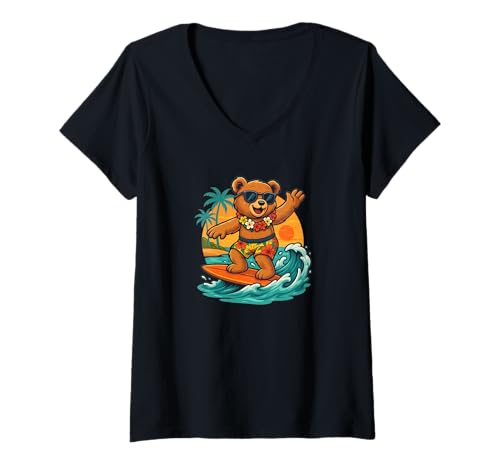 Damen Surf-Teddybär in der Sommersaison für Surfbrett-Liebhaber T-Shirt mit V-Ausschnitt von Vacation Teddy Bear