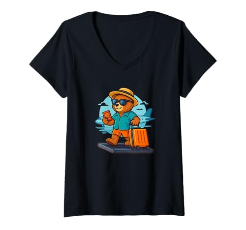 Damen Touristen-Teddy mit Flugzeug für Reiseliebhaber T-Shirt mit V-Ausschnitt von Vacation Teddy Bear