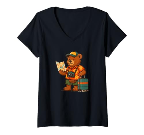 Damen Touristen-Teddy mit Karte Kostüm für Städtereiseliebhaber T-Shirt mit V-Ausschnitt von Vacation Teddy Bear