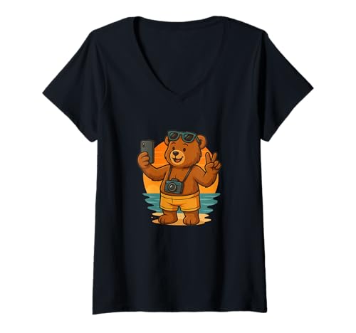 Damen Touristen-Teddybär mit lustigem Strand und Zelle T-Shirt mit V-Ausschnitt von Vacation Teddy Bear