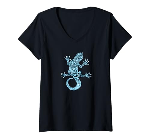 Damen Gecko Tribal, hawaiianische polynesische Tattoo-Insel T-Shirt mit V-Ausschnitt Damen Gecko Tribal, hawaiianische polynesische Tattoo-Insel T-Shirt mit V-Ausschnitt von Vacation Tropical Tribal Beach Sea Design