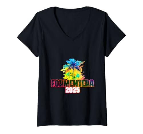 Damen Formentera 2025 Crew | Bunt T-Shirt mit V-Ausschnitt Damen Formentera 2025 Crew | Bunt T-Shirt mit V-Ausschnitt von Vacay Fun Style Moody