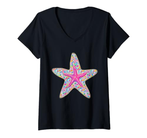 Damen Seestern Summer Vibes Tropical Beach Coastal Vacation Ocean T-Shirt mit V-Ausschnitt Damen Seestern Summer Vibes Tropical Beach Coastal Vacation Ocean T-Shirt mit V-Ausschnitt von Vacay Mode Beach Vacation Summer Trip Apparel