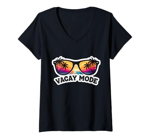 Damen Vacay Mode Sonnenbrille Sommer Urlaub Urlaub Palmen T-Shirt mit V-Ausschnitt von Vacay Mode Sunglasses Summer Vacations Products